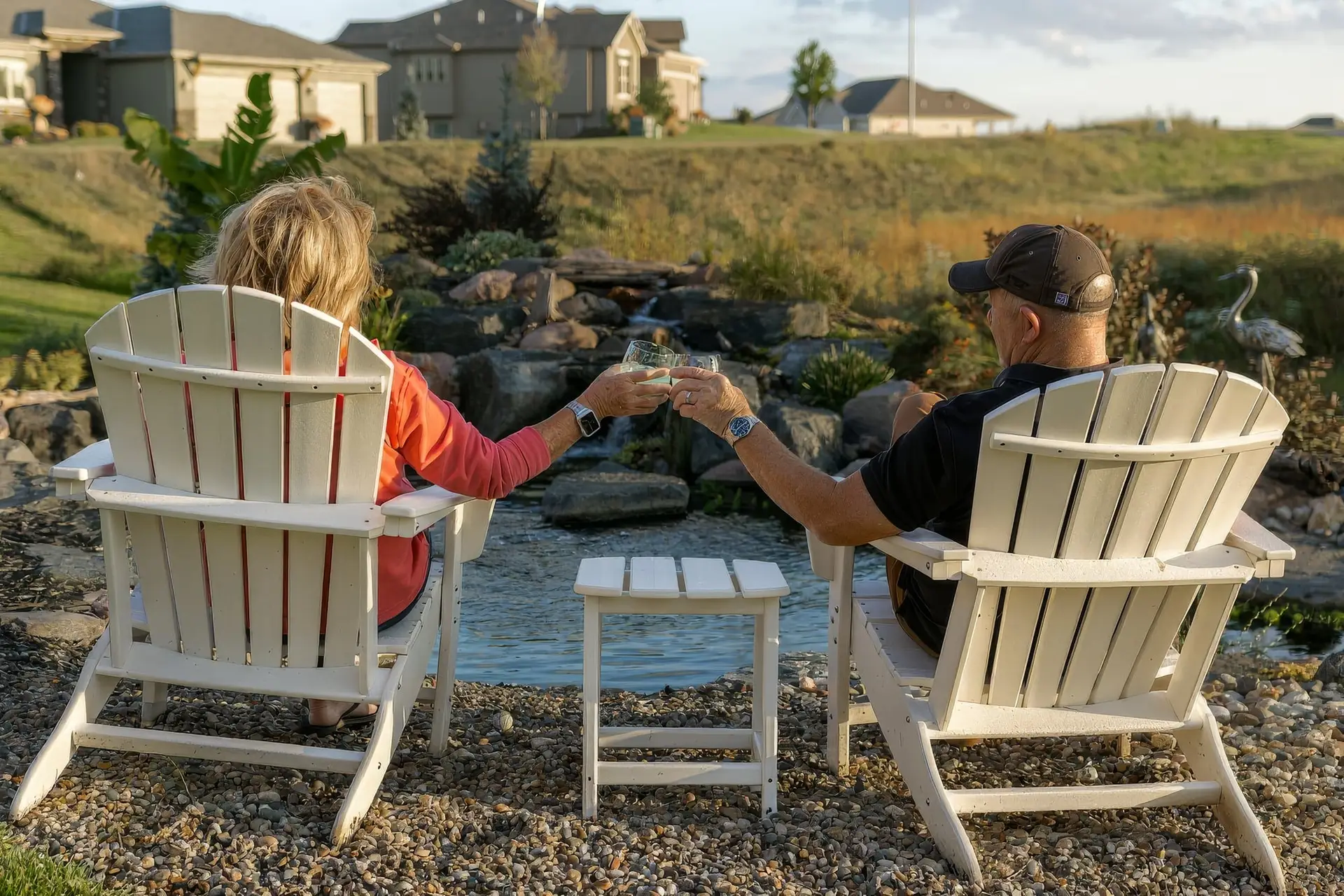 A couple raising a glass in Adirondack chairs beside the backyard pond and waterfall Good Earth built for them