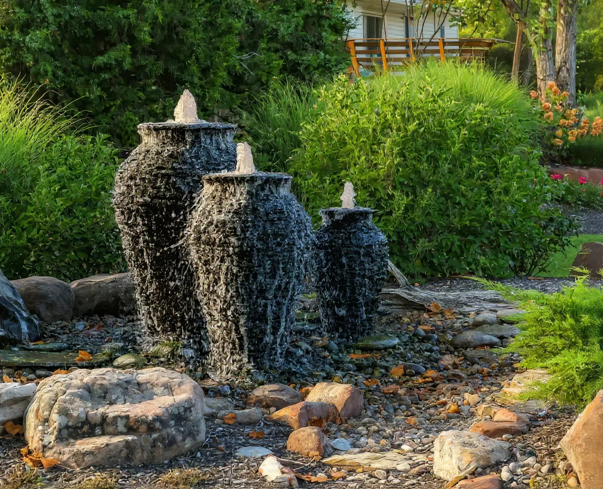Three stacked-slate urn fountains bubbling among grasses and river rock